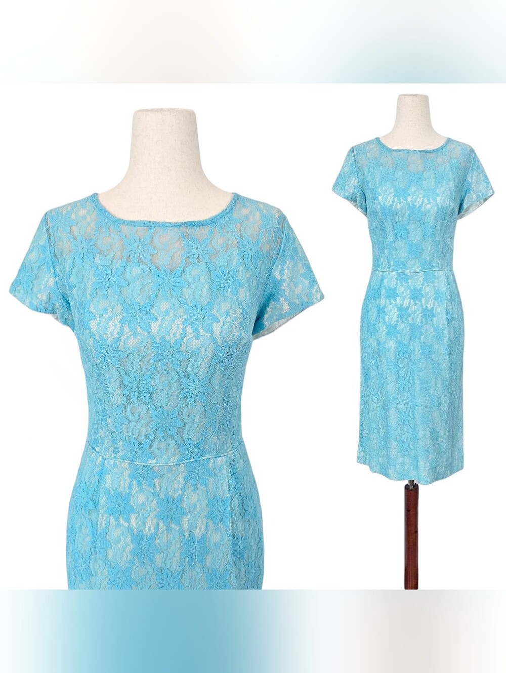 1950s Vintage Dress 50s Lace Wiggle Sheath Cocktail Blue Hourglass ILGWU Small